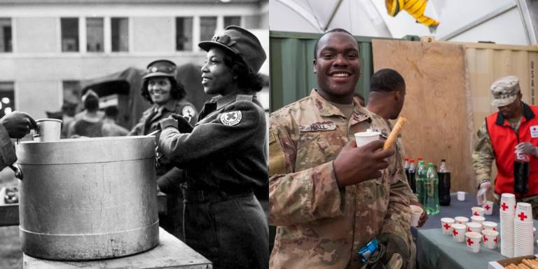 man in uniform receives treat from Red Cross