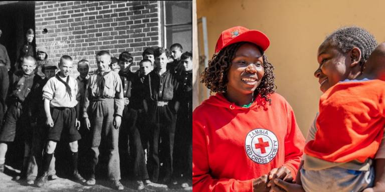 left – black and white photo of group of children. Right – Woman in Red Cross shirt talks with woman holding a small child