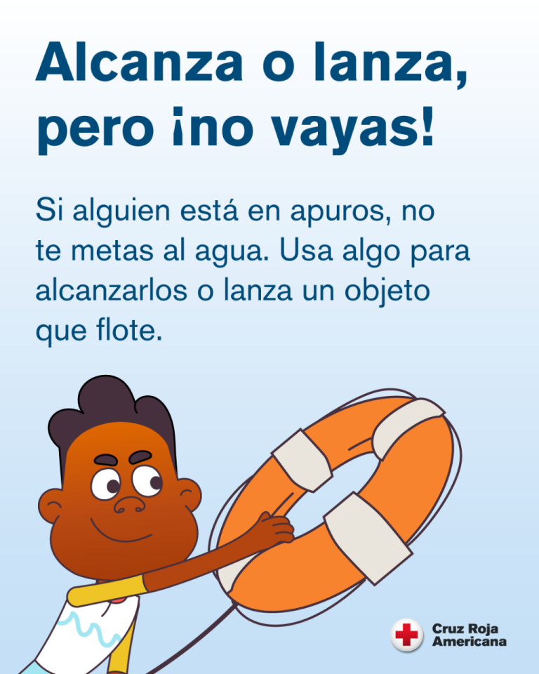 gráfico que indica que debe arrojar algo al agua si un nadador está en peligro, no meterse al agua para ayudarlo