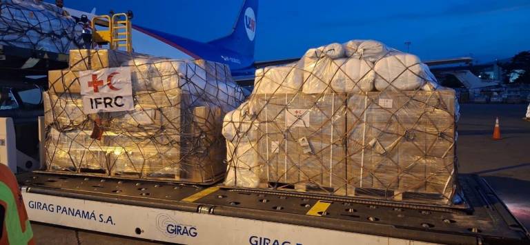 Tons of aid packaged into boxes and pallets is loaded into the cargo area of an airplane. 