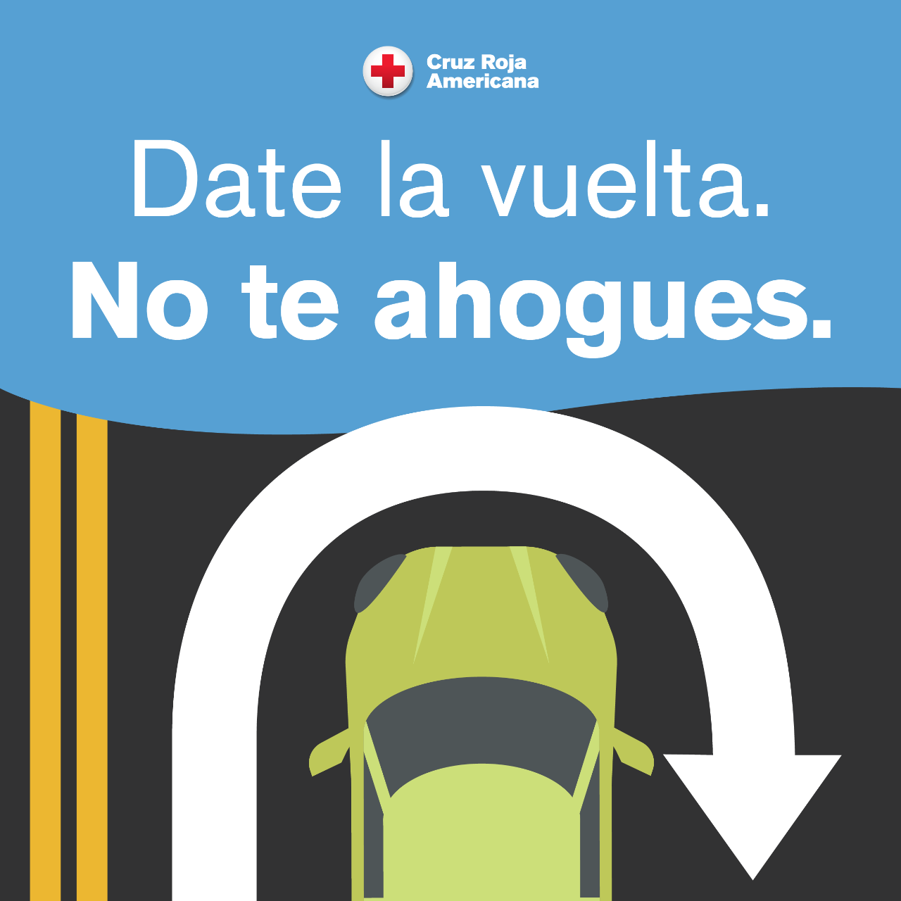 Gráfico que le indica que evite conducir a través de aguas de inundación.