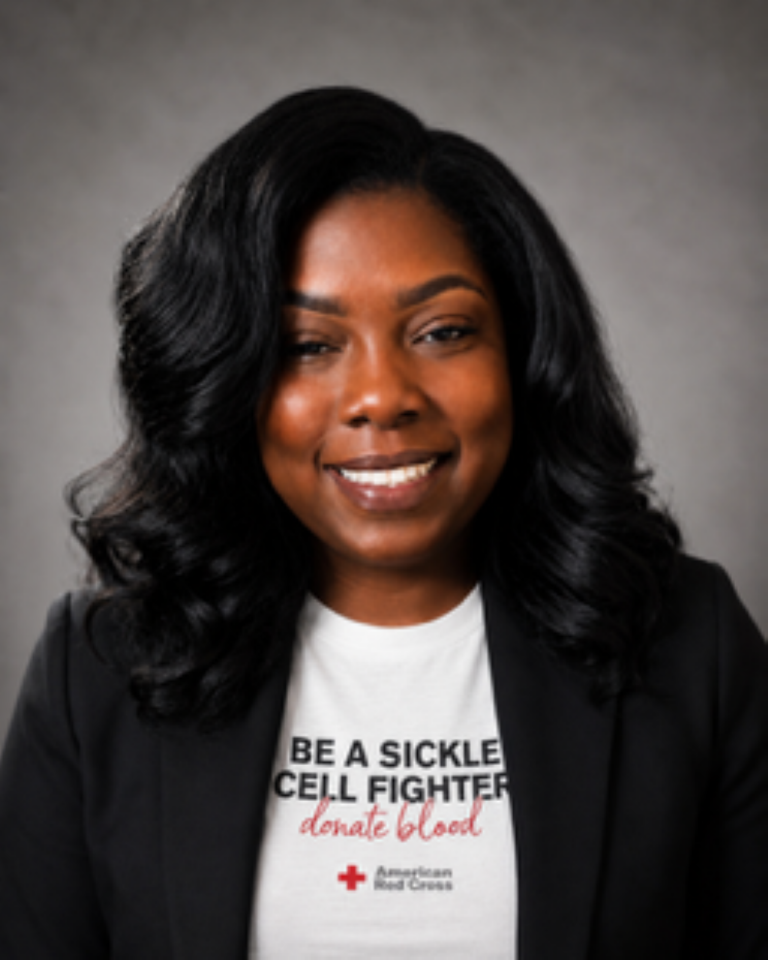 Professional headshot of DeAndra Smith smiling in a black blazer over a white T-shirt that reads "Be a Sickle Cell Fighter, donate blood" with the American Red Cross logo, against a gray background.