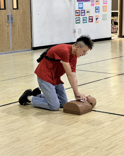 Gyan está arrodillado junto a un maniquí. Es solo la parte superior del torso. Tiene los brazos extendidos y las manos, una encima de la otra, colocadas sobre el esternón. 