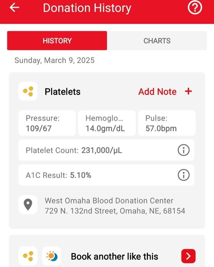 Screen shot showing results from blood donation and testing