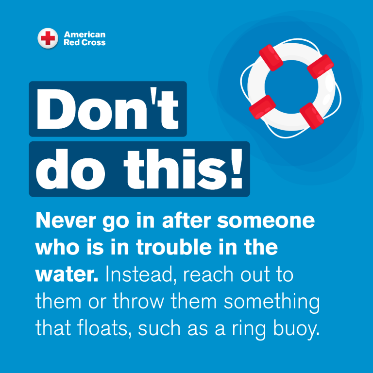 Graphic telling you not to go into the water to help someone in trouble, throw something to them to help them stay afloat.