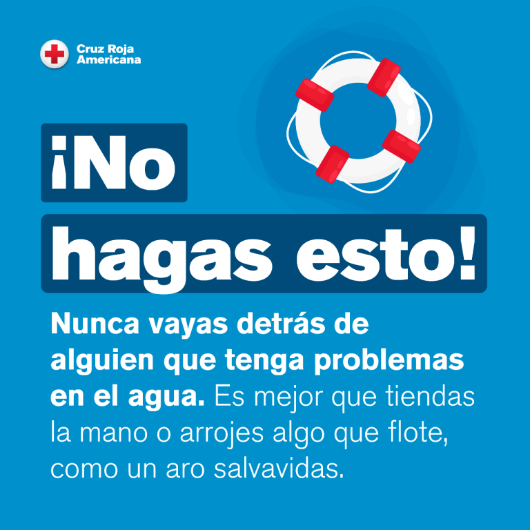 Gráfico que indica que no debe entrar al agua para ayudar a alguien en apuros; en su lugar, lance algo para ayudarle a mantenerse a flote.