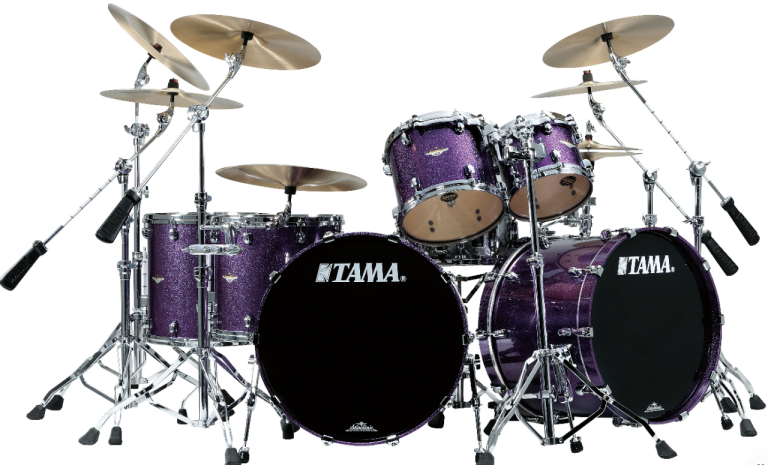 Purple sparkle TAMA drum kit with multiple drums, cymbals and chrome hardware, similar to the replica drum set featured in the Red Cross x Metallica Blood Donation Experience.