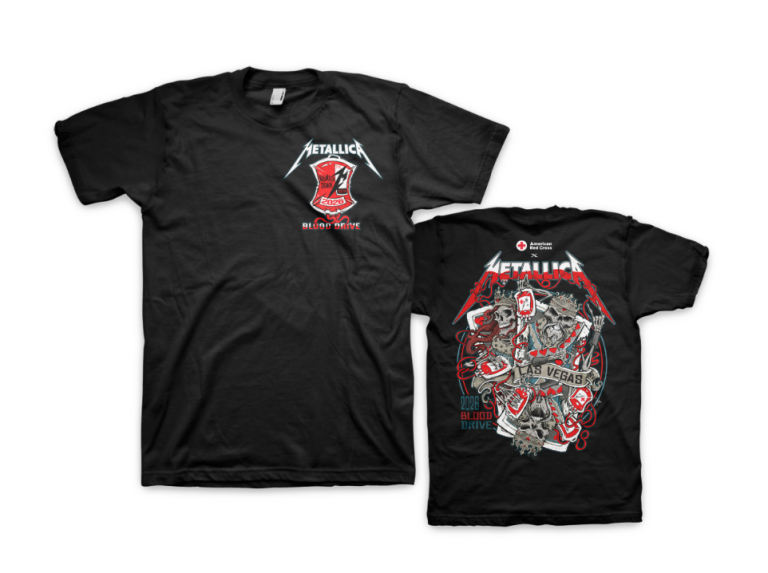  Black Metallica blood drive T-shirt shown from the front and back, featuring Metallica and American Red Cross artwork with Las Vegas and 2026 blood drive graphics.