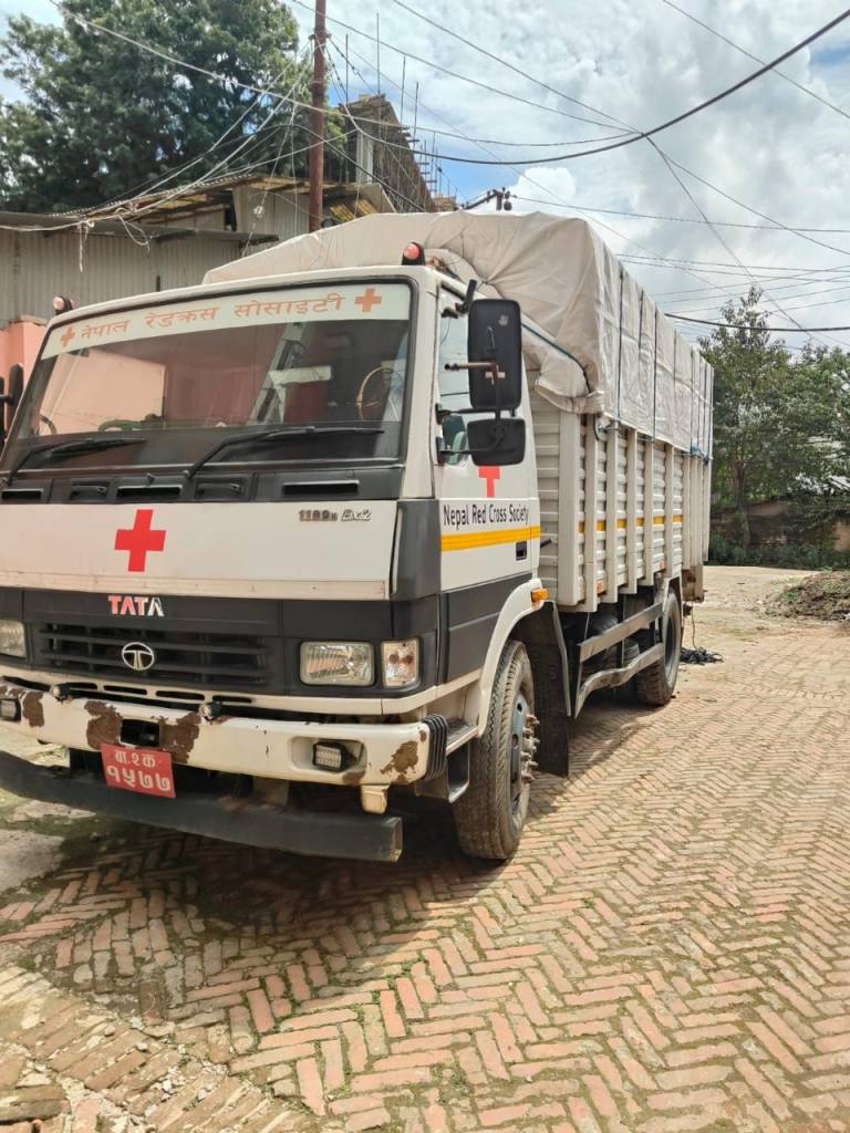 A Nepal Red Cross Society truck is loaded and ready to deploy to the affected areas. 