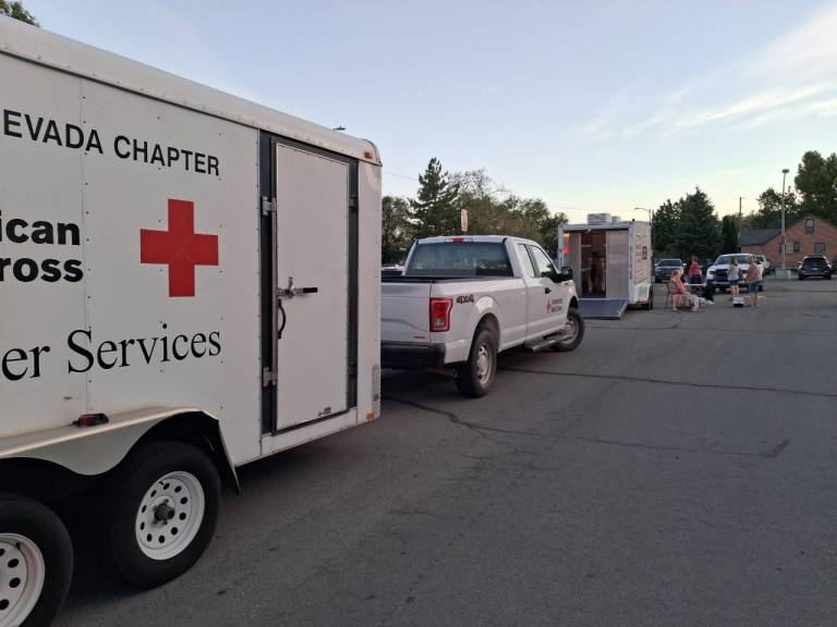 Line of Red Cross marked vehicles parked outside a building.