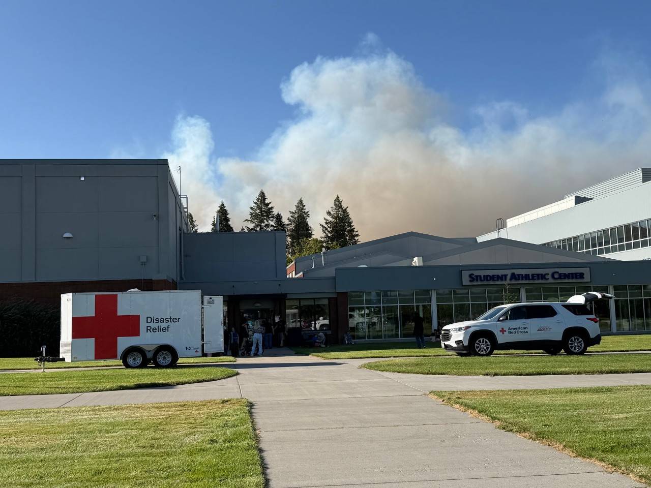 Heavy smoke from Washington’s wildfires is visible behind the Spokane Falls Community College.