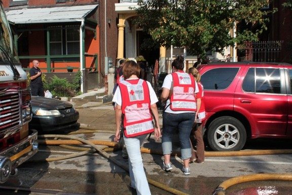 disaster volunteers walking