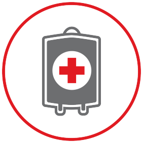 Grey icon of a blood bag with a red cross logo in the middle