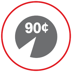 Grey icon showing a majority section of a pie chart with the words 90 cents