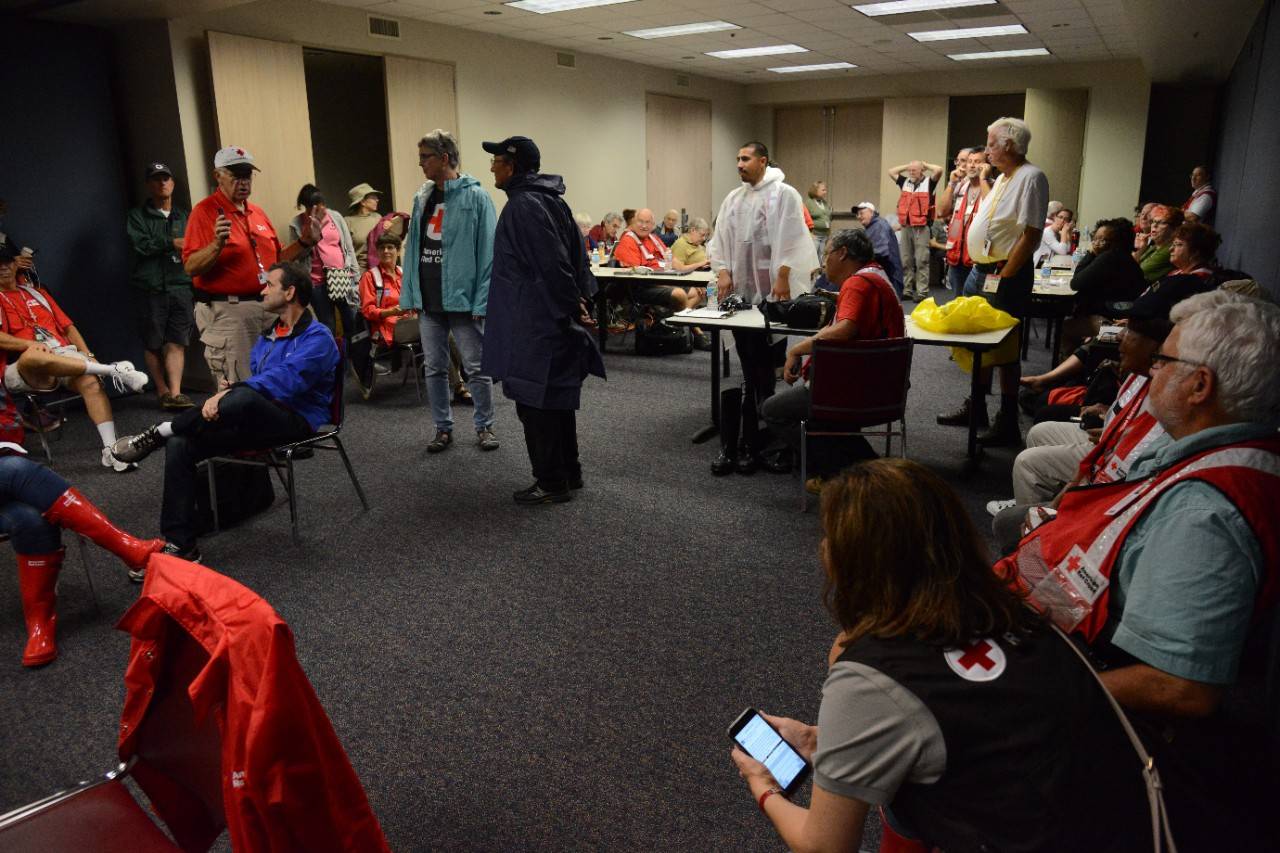 August 27, 2017. Houston , Texas.
Volunteers shelter in a tornado safe room during the third tornado warning of the day for the immediate area.
Photo by Daniel Cima for The American Red Cross