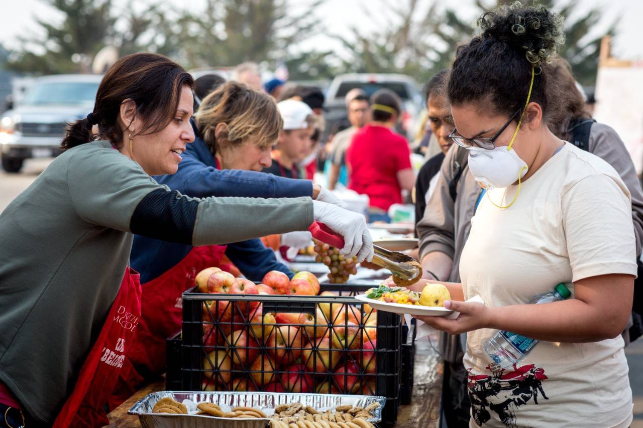 October 15, 2017. Santa Rosa, California. Sonoma Fairgrounds – Red Cross Shelter
Residents receive lunch at a Red Cross shelter prepared by a partner agency, The Salvation Army. 
Photo by Marko Kokic for The American Red Cross