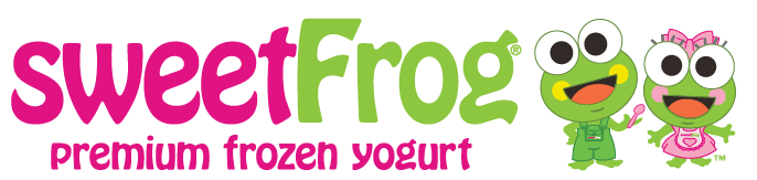 sweetfrog premium frozen yogurt logo, two little cartoon frogs