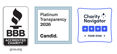 Logos for Better Business Bureau Accredited Charity; Candid Platinum Transparency, and Four Star Charity Navigator rating.