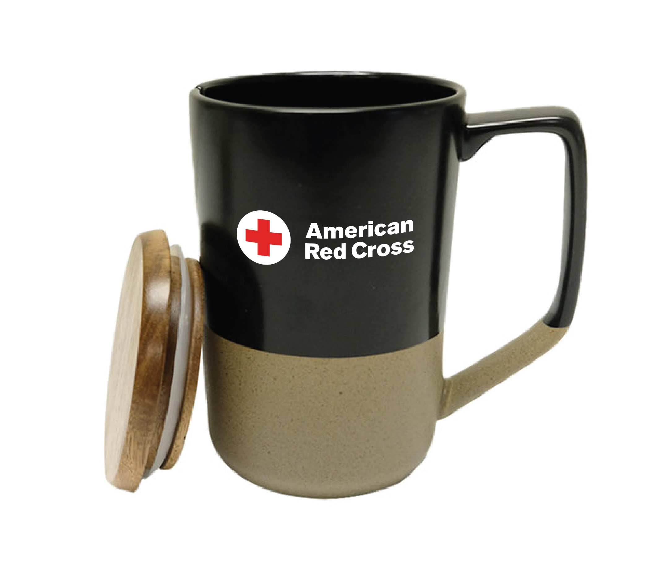 Black and tan ceramic mug with a lid featuring the American Red Cross logo