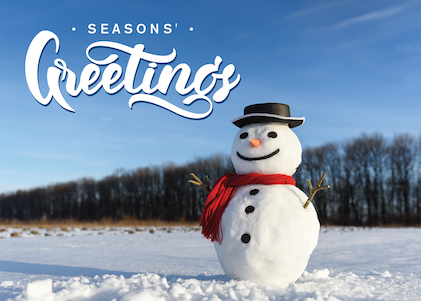 Image of tribute card featuring a snowman with the text Season's Greetings