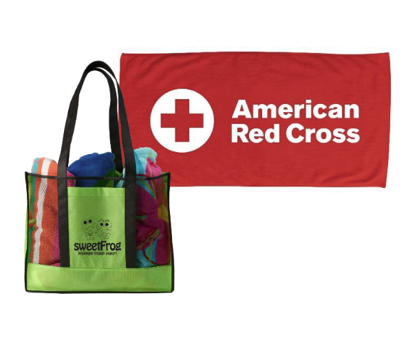 image of a pool bag with the sweetFrog logo beside a red pool towel with American Red Cross written in white