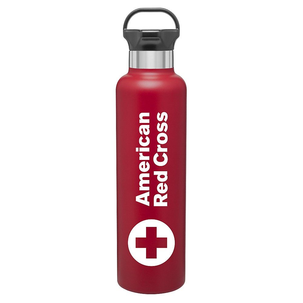 Red steel water bottle with the American Red Cross logo