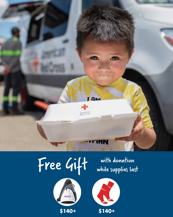 Free gift with donation while supplies last, with picture of a black, white, and gray monopack or a red pair of socks.