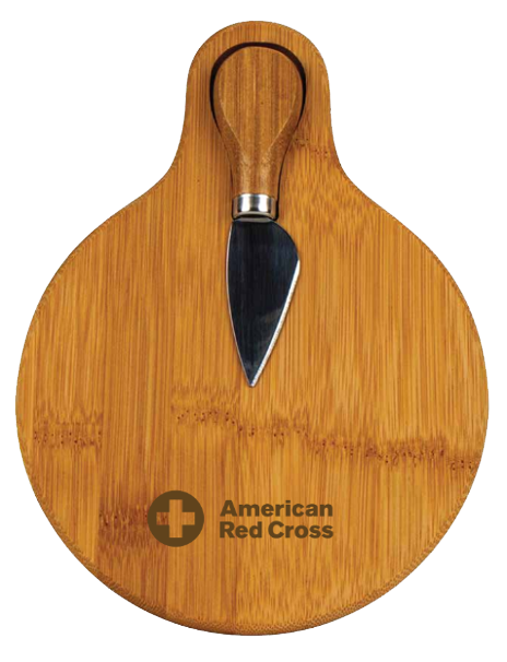 Circular bamboo cutting board with American Red Cross logo and added cheese knife
