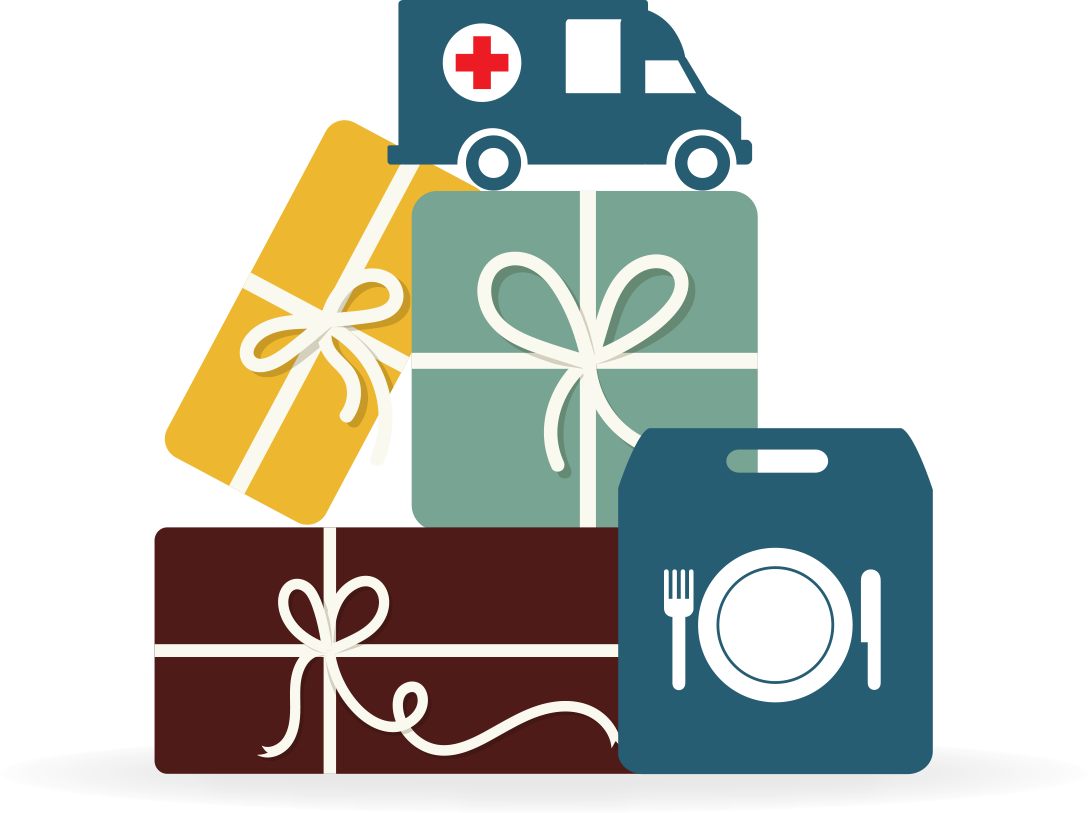 cluster of multi-colored presents with an ERV icon