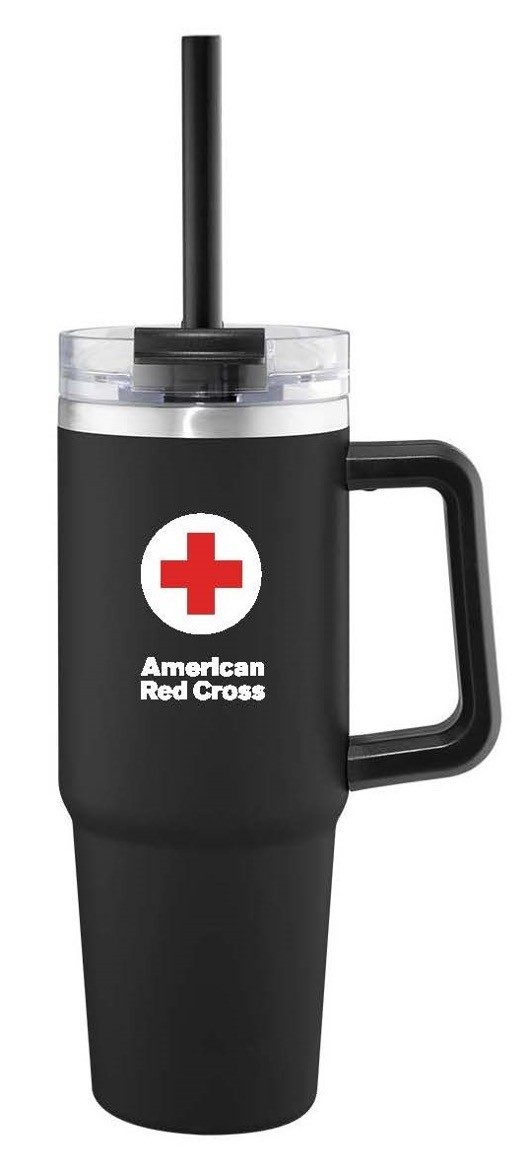 30oz stainless steel tumbler with straw, black with American Red Cross logo