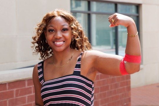 An african-american female donated blood to the American Red Cross