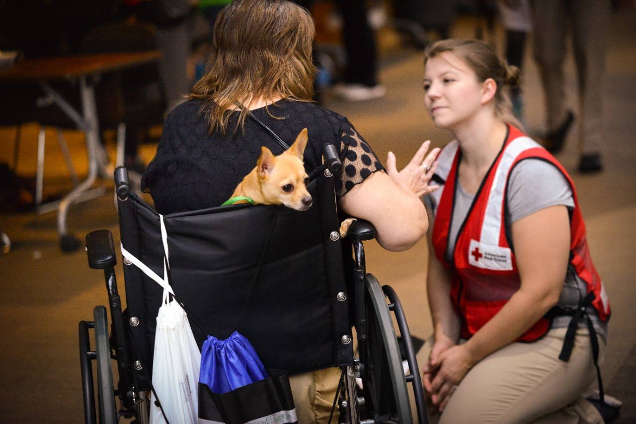 September 18, 2018. University of North Carolina at Chapel Hill Friday Center   Red Cross Shelter. Chapel Hill, North Carolina.Red Cross volunteer speaks with a shelter resident and her dog, Angel. A native resident to Jacksonville, NC, the path for her to return home is still plagued by road closures, flooded streets, down trees and power lines. Although updates are few and far between, she is hopeful that her home and possessions are untouched by Hurricane Florence when she is allowed to return. The Red Cross shelter is pet friendly through a partnership with a local veterinary school and doctor. This shelter resident is wheelchair bound following a major medical emergency with her hip several years ago. Through a team of dedicated volunteer nurses and doctors any medical assistance she may need has been met with a professional who is able to assist. Photo by Daniel Cima/American Red Cross
