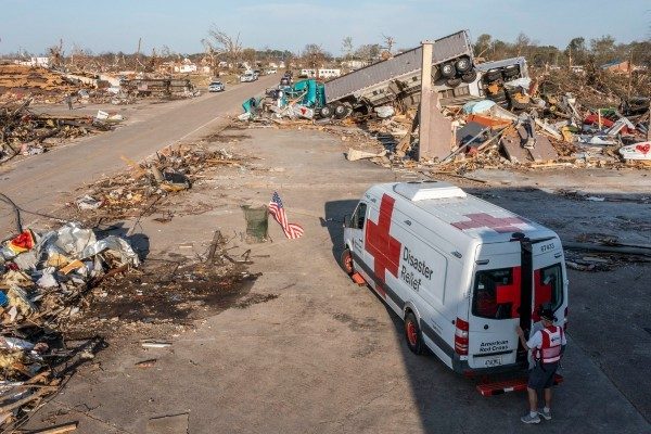The Red Cross arrives at the site of a natural disaster