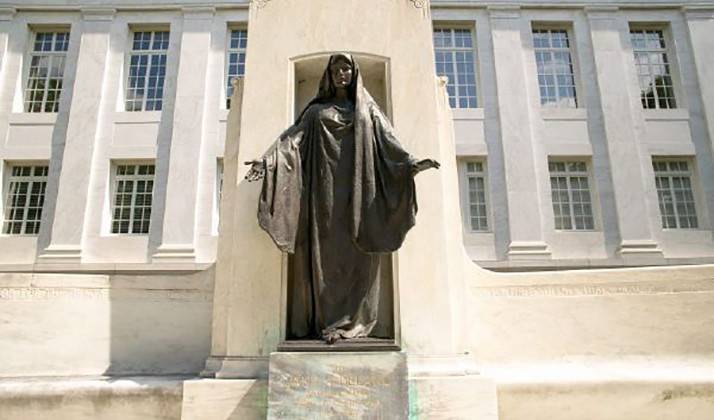 Date: June 2006    Event: Posters, Art and Architectural details from the American Red Cross    Location: Washington, DC    Photographer: Brian MacDonald    Release info: no release needed

Jane Delano Memorial
Robert Tait McKenzie
Bronze and Marble, 1933

The Jane Delano Memorial, dedicated in April 1933, pays homage to the founder of the Red Cross Nursing Service and to Red Cross nurses. Sponsored by American nurses and crafted by physician and sculptor Robert Tait McKenzie, the memorial honors the 296 nurses, including Delano, who gave their lives in WWI. A curved stone wall and continuous bench embrace the bronze figure of a veiled and draped woman reaching with outstretched arms to those in need. The inscription, a verse from Psalm 91 reads, “Thou shalt not be afraid for the terror by night; nor for the arrow that flieth by day; nor for the pestilence that walketh in darkness; nor for the destruction that wasteth at noonday.” 

-information from "125 Years of Hope, Humanity, Compassion: Selected Treasures from the Art Collection of the American Red Cross" pg. 57