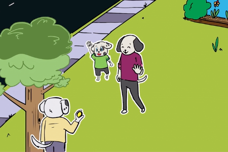 An animated family of dogs practices their 2-minute fire escape drill