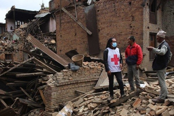 Volunteers, residents and rescue workers after an earthquake