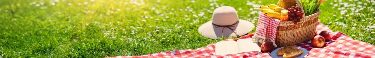 Picnic food and gear laid out on a blanket