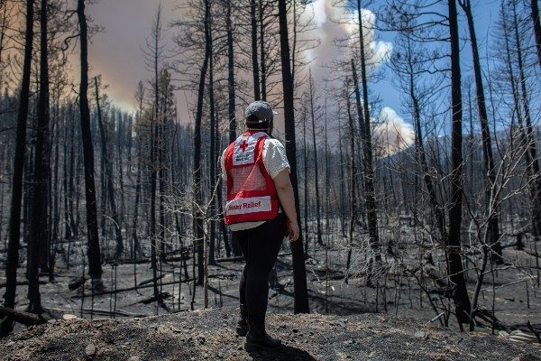 Emergency vehicles responding to a wildfire