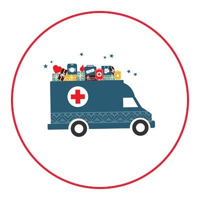 illustration red cross emergency vehicle delivering gifts