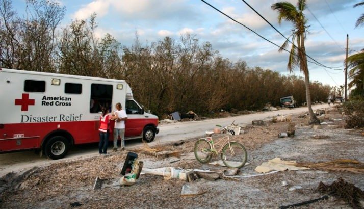 The Red Cross brings disaster relief supplies to a neighborhood affected by Hurricane Irma. 