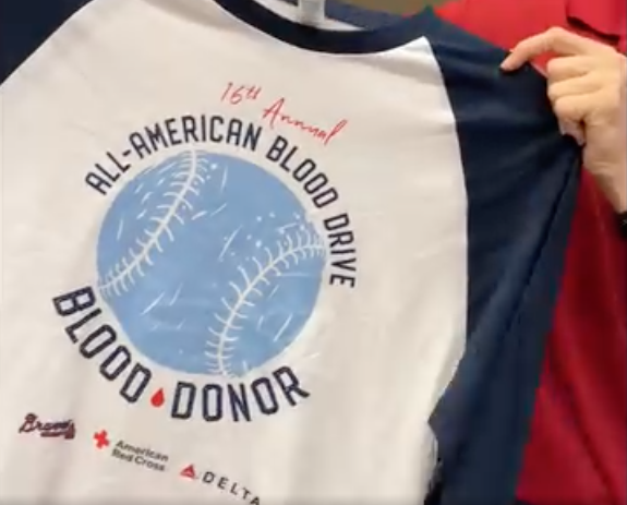 Baseball jersey announcing 16th Annual Atlanta Braves All-American Blood Drive with Delta Air Lines