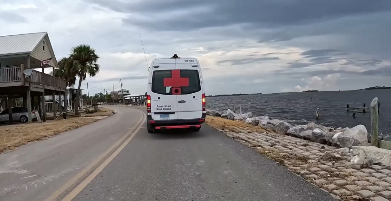 A Red Cross van drives through Maui