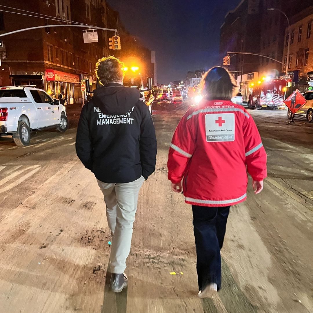 two red crossers walking down street