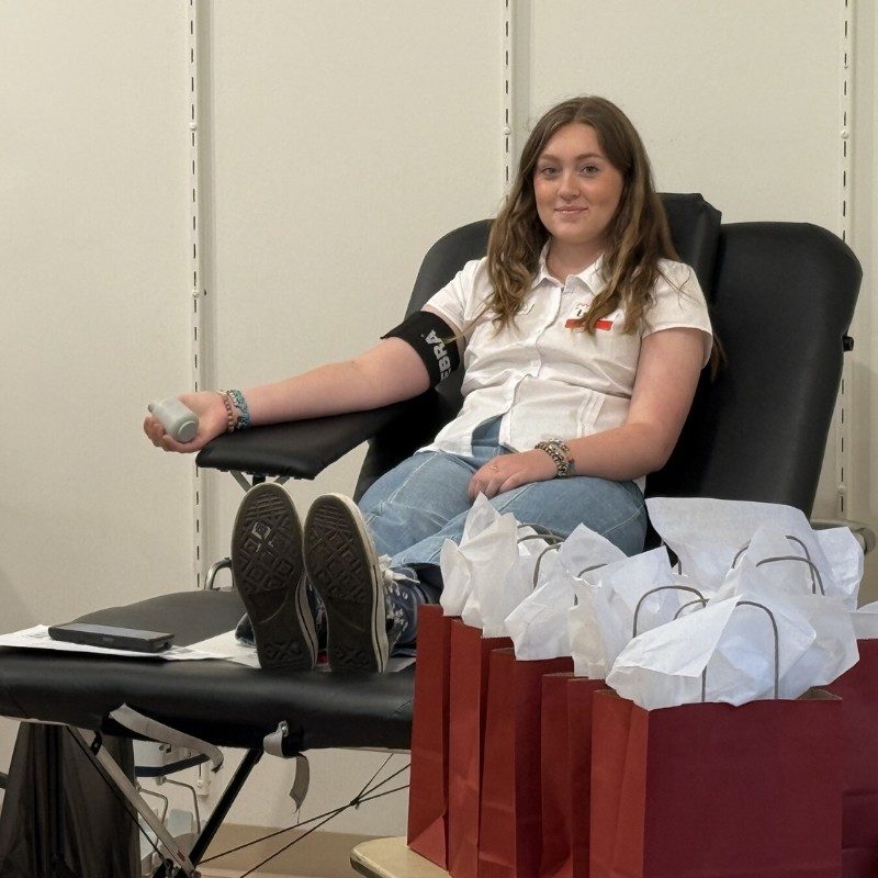 Lucy Routh donating blood.