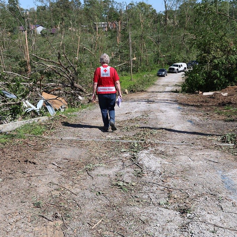 Red Cross volunteer walking down a dirt round with fallen trees and debris.