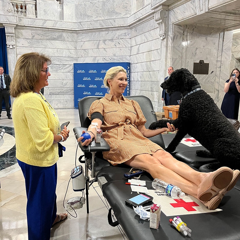 person standing next to person lying in chair donating blood who's holding the paw of a support dog.