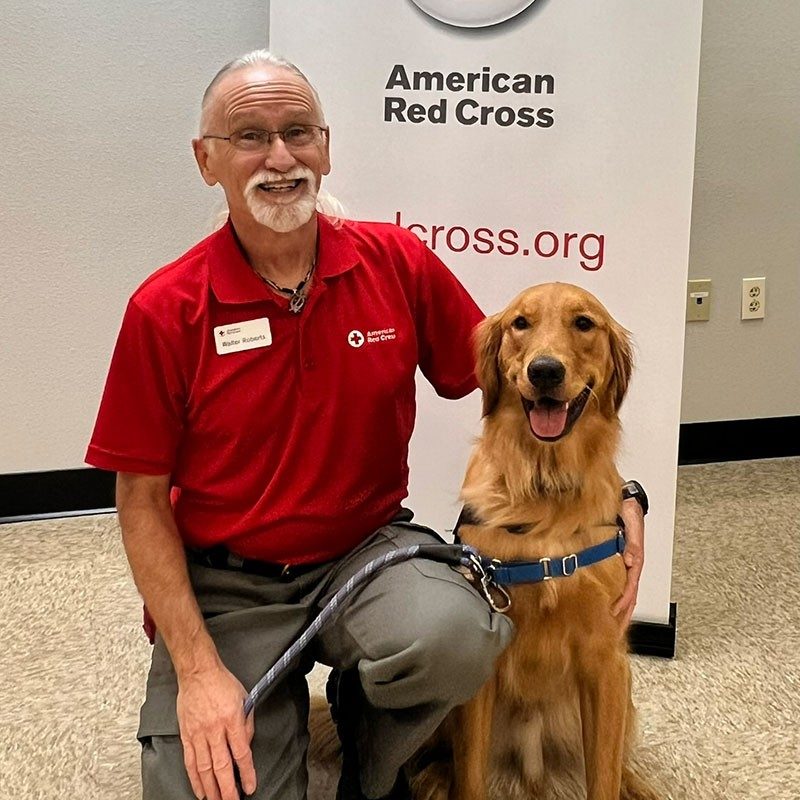 Red Cross staff member kneeling down next to a service dog.