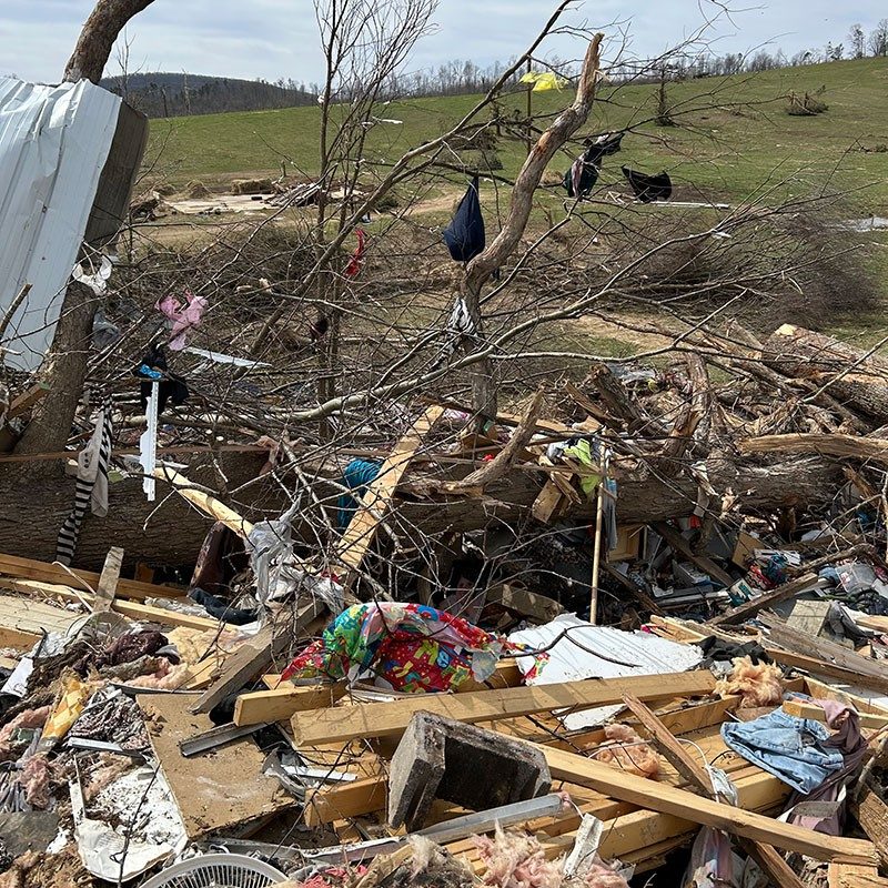 debris scattered all around from tornado damage in piedmont, missouri.