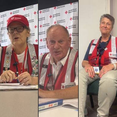 Red Cross volunteers Andi Stewart, Bill Martin, and Robin Keels wearing their Red Cross vests.