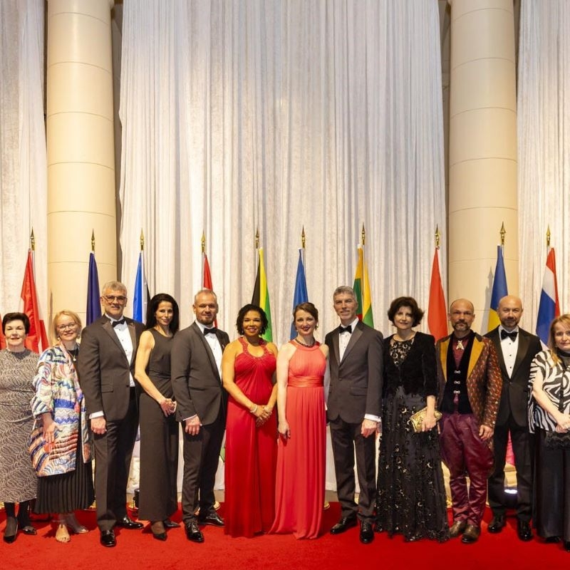 Group of people in formal wear standing in front of flags.